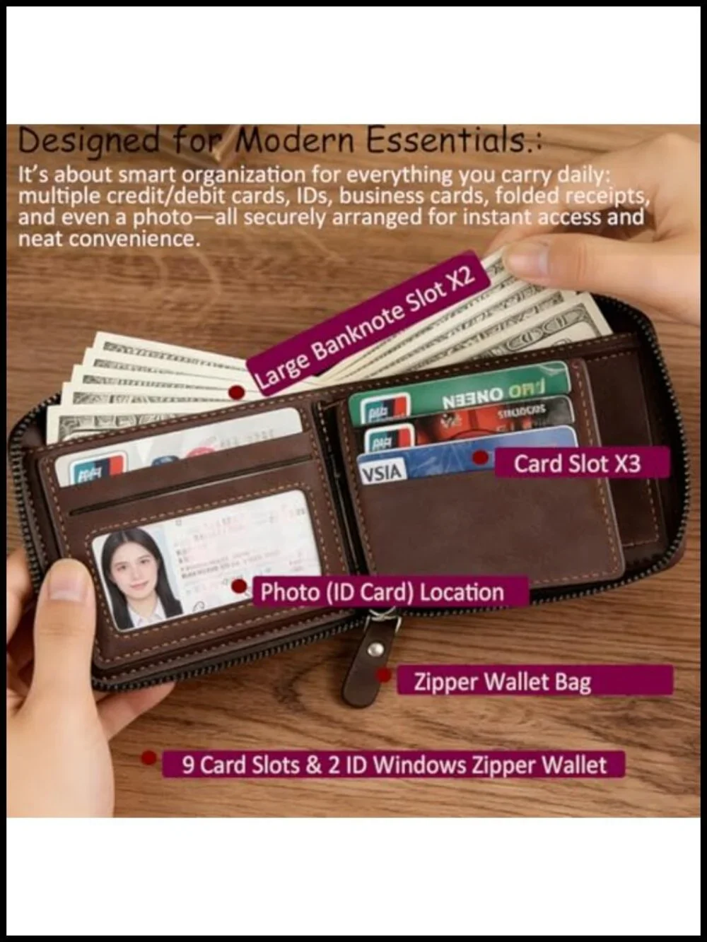 Slim Leather Bi-Fold Zipper Closure Wallet with 9 Card Slots